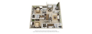 Birmingham 3D. 2 bedroom apartment. Kitchen with bartop open to living/dinning rooms. 2 full bathrooms, double vanity in master. Walk-in closets. Patio/balcony.