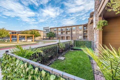 a backyard with a lawn and a fence and an apartment building