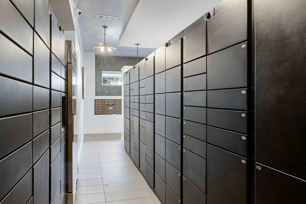 a row of lockers in a hallway of a house