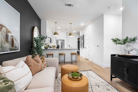 a living room with a couch and a table