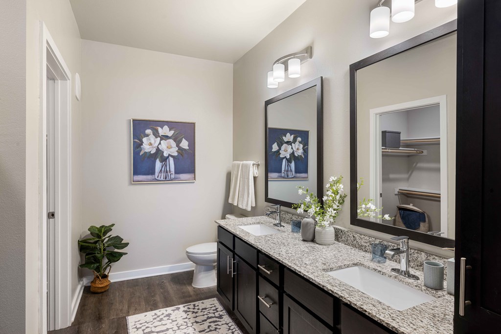 a bathroom with two sinks and a mirror