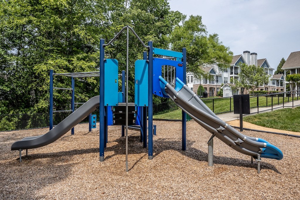 a playground with two slides and a climbing structure