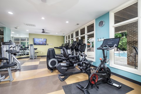 A gym with a row of stationary bikes and a television mounted on the wall.