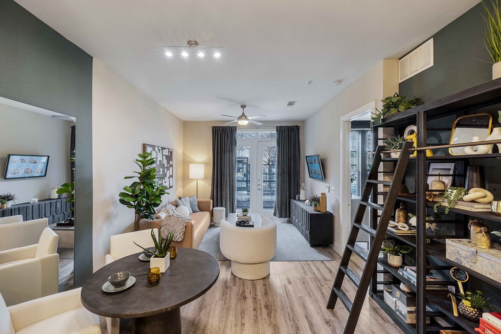 a living room with a couch and a table