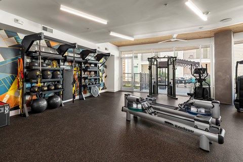 A gym with a variety of equipment including a rowing machine.