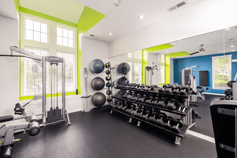 A gym with a variety of equipment including weights and exercise balls.