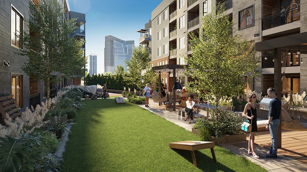 a rendering of a garden in a building with people standing around it