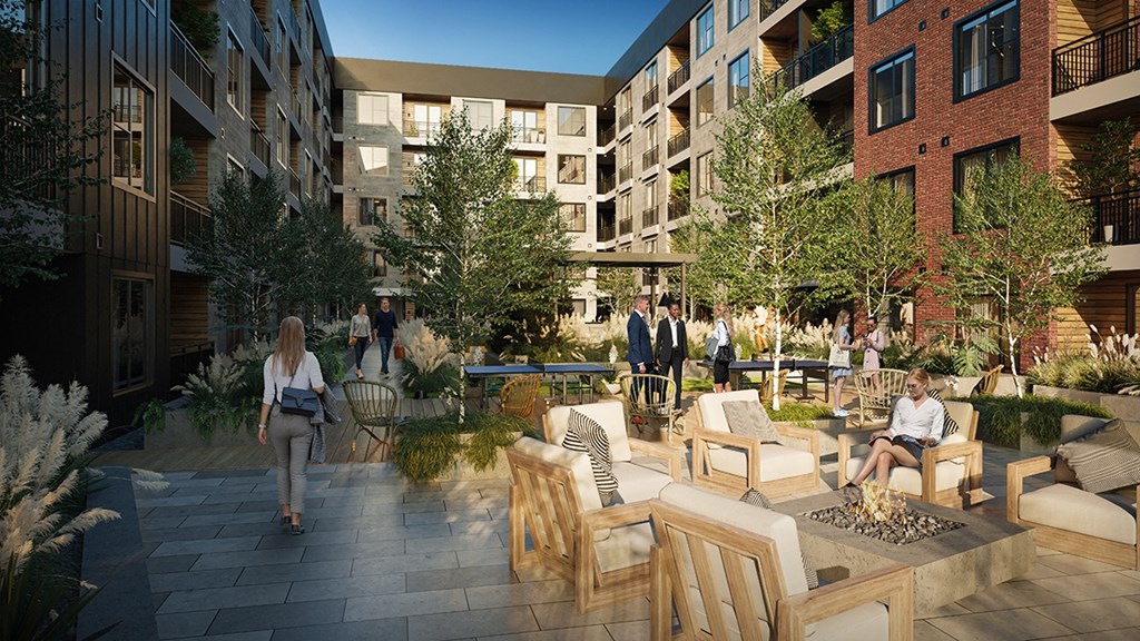 a rendering of a courtyard with benches and trees