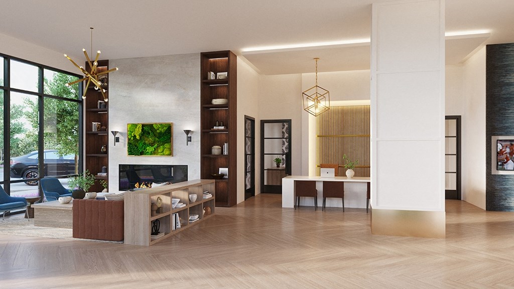 a living room with a fireplace and a table