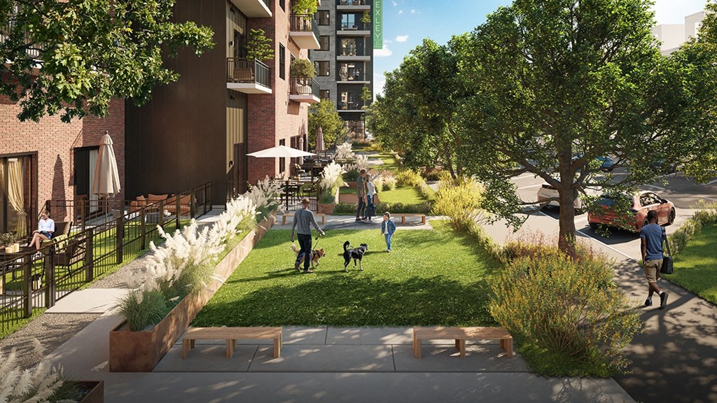 a rendering of a park with people walking their dogs