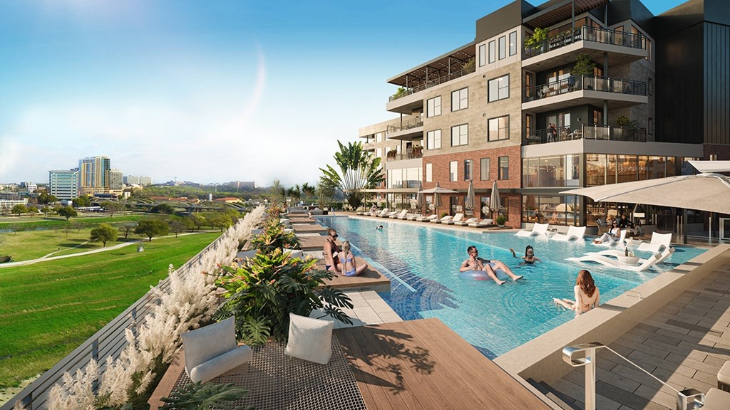 a rendering of an apartment building with a swimming pool