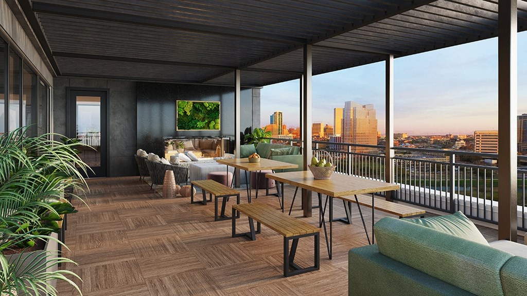 a rendering of a rooftop terrace with a couch and tables