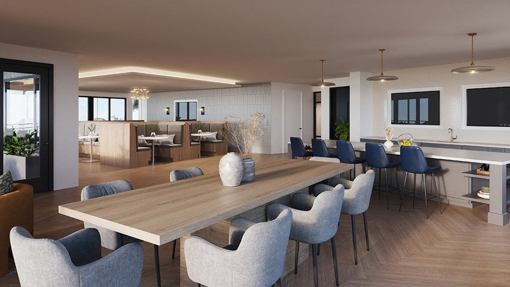 a rendering of a living room and dining room with a table and chairs