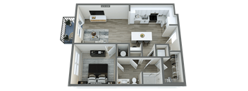 a 3d rendering of a floor plan with a bedroom and a living room