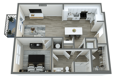 a 3d rendering of a floor plan with a bedroom and a living room
