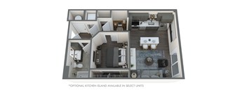 A 3D floor plan of a small apartment with an optional kitchen island.