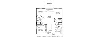 The 3 bedroom 2 bath Norris floorplan.  entry opens to l-shaped kitchen with island that overlooking living area. entrance to patio with fenced-in yard off of living area. secondary and tertiary bedrooms on opposite side of floorplan from primary.