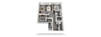 2 bedroom floorplan with entrance hall leading to Laundry room. Next stop is the twwo bedrooms and a guest bath. Primary bedroom has Walk-in closet that leads to private bath. Kitchen/living/dining area in back corner of apartment.