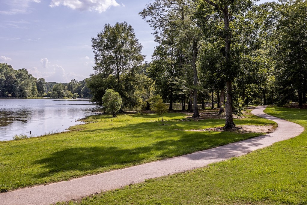 a path through a park with a lake in the background
