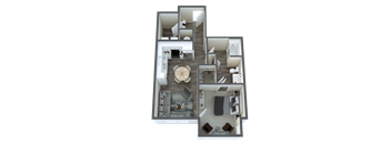 A 3D floor plan of a house with a living room, kitchen, dining room, and two bedrooms.