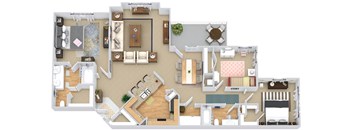 A detailed 3D floor plan of a house showing all rooms and their layouts.