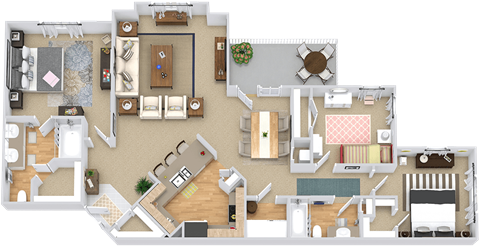 Catawba 3D. 3 bedroom apartment. Kitchen with bartop open to living/dinning rooms. 2 full bathrooms, double vanity in master. Walk-in closets. Patio/balcony. Storage room.