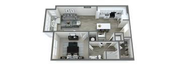 A 3D floor plan of a house with two living rooms, one with a fireplace, and a kitchen area.