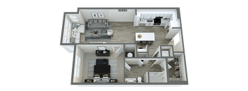 a 3d floor plan of a house with a bedroom and a living room