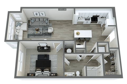 a 3d floor plan of a house with a bedroom and a living room