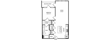 1 bedroom floorplan open to kitchen with island. Storage/linen/Washer dryer upon entrance. Bedroom walk-in closet leads to private bath with double sink vanities and garden tub. Private Balcony/Patio