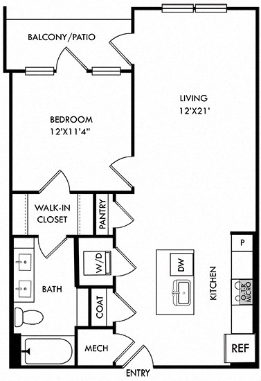 1 bedroom floorplan open to kitchen with island. Storage/linen/Washer dryer upon entrance. Bedroom walk-in closet leads to private bath with double sink vanities and garden tub. Private Balcony/Patio