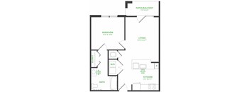 1 bedroom floorplan with kitchen with peninsula island overlooking living/dining area. bedroom with private bath into w.i.c. balcony/patio. full size w/d.
