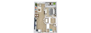 1 bedroom 1 bath cypress floorplan. Entry opens to kitchen with L-shaped kitchen which opens into the living and dining area. bedroom off of living area. closet in bedroom leads to private bath with linen closet.