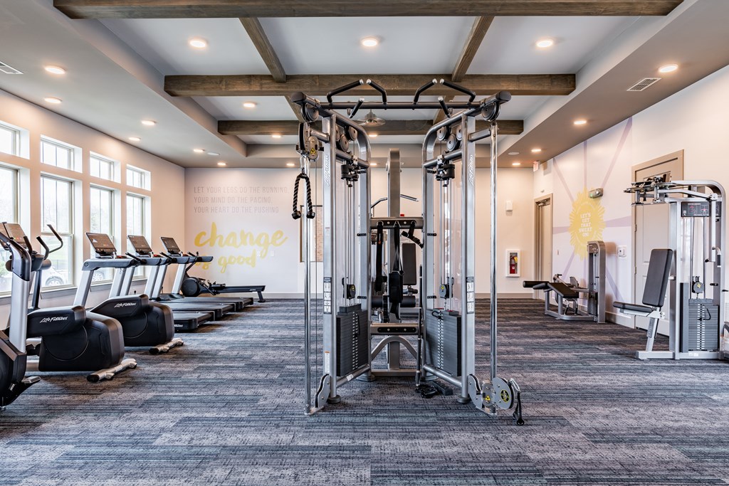 a large fitness room with cardio equipment and windows