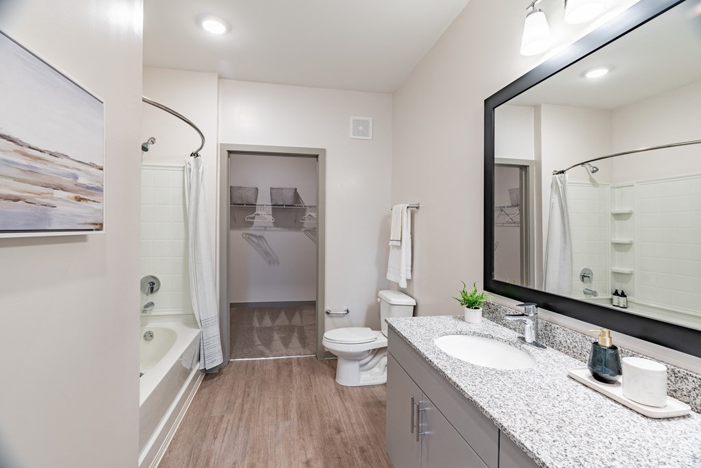 a bathroom with a large mirror and a toilet next to a bathtub