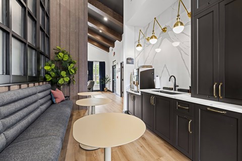 A modern kitchen with black cabinets and a grey sofa.