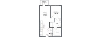 1 bedroom floorplan with entrance open to kitchen and dining area, overlooking living space. W/D located off of kitchen, bedroom with private bathroom, leading to walk-in closet.