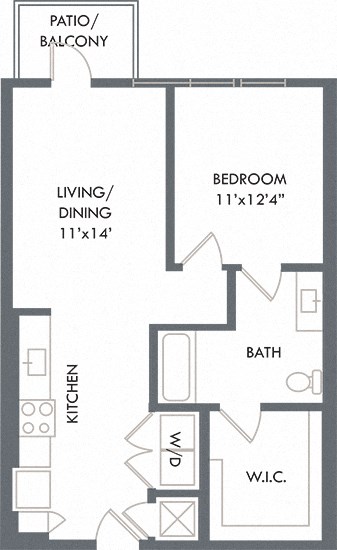 1 bedroom floorplan with entrance open to kitchen and dining area, overlooking living space. W/D located off of kitchen, bedroom with private bathroom, leading to walk-in closet.