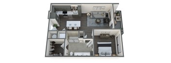 a 3d floor plan of a studio apartment with a bedroom and living room