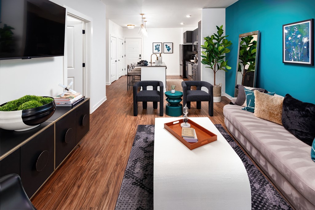 a living room with a couch and a table