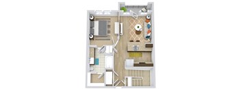 3D overhead view of a 1 Bedroom, 1 Bath Elm apartment with attached garage below. galley style kitchen, Pantry and linen closets, patio or balcony