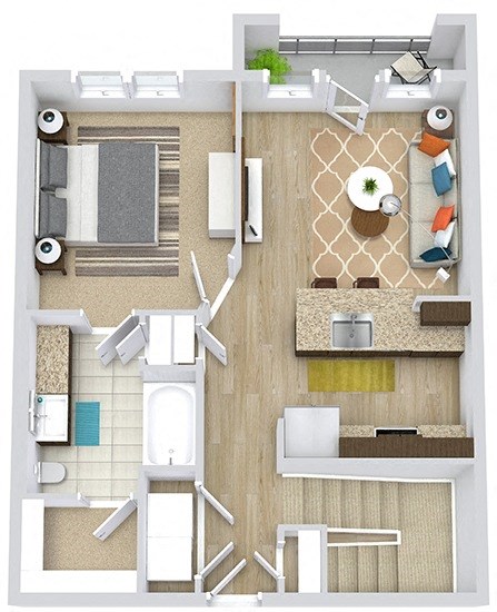 3D overhead view of a 1 Bedroom, 1 Bath Elm apartment with attached garage below. galley style kitchen, Pantry and linen closets, patio or balcony