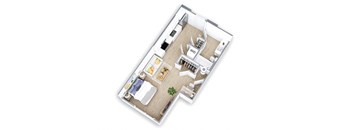 A floor plan of a small apartment with a kitchen, living room, and bedroom.