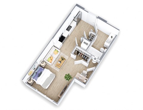 A floor plan of a small apartment with a kitchen, living room, and bedroom.