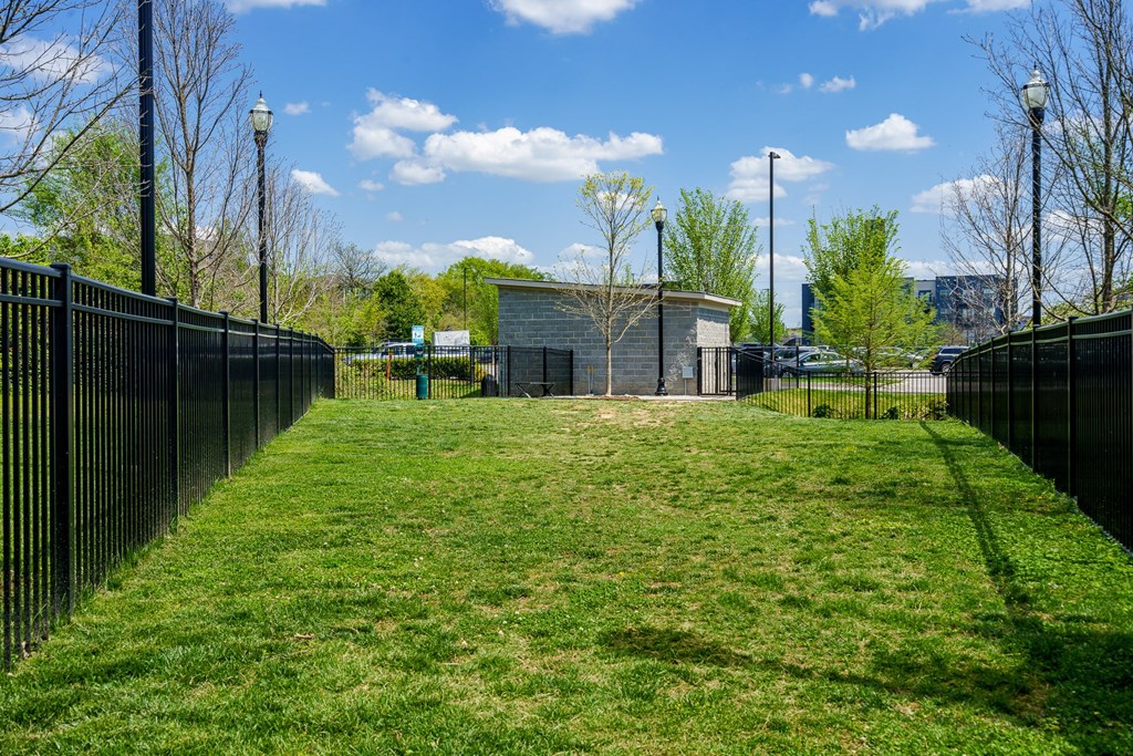 a yard with a fence and a building in the background