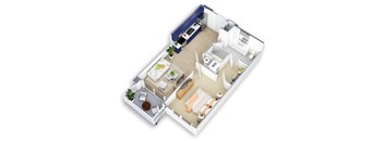 A 3D floor plan of a small apartment with a kitchen, living room, and bathroom.
