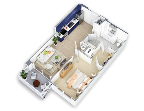 A 3D floor plan of a small apartment with a kitchen, living room, and bathroom.