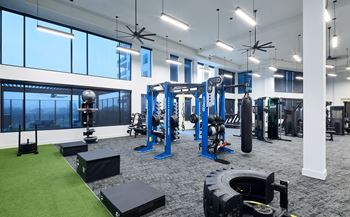 A gym with a variety of equipment including weights and a green artificial turf area.