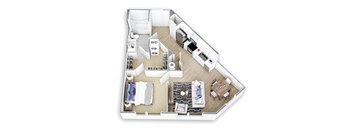 A 3D floor plan of a small apartment with a kitchen, living room, and bathroom.