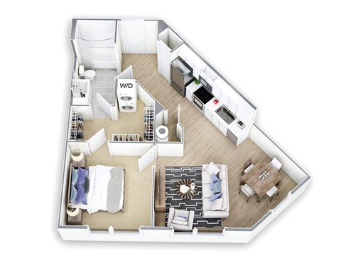 A 3D floor plan of a small apartment with a kitchen, living room, and bathroom.